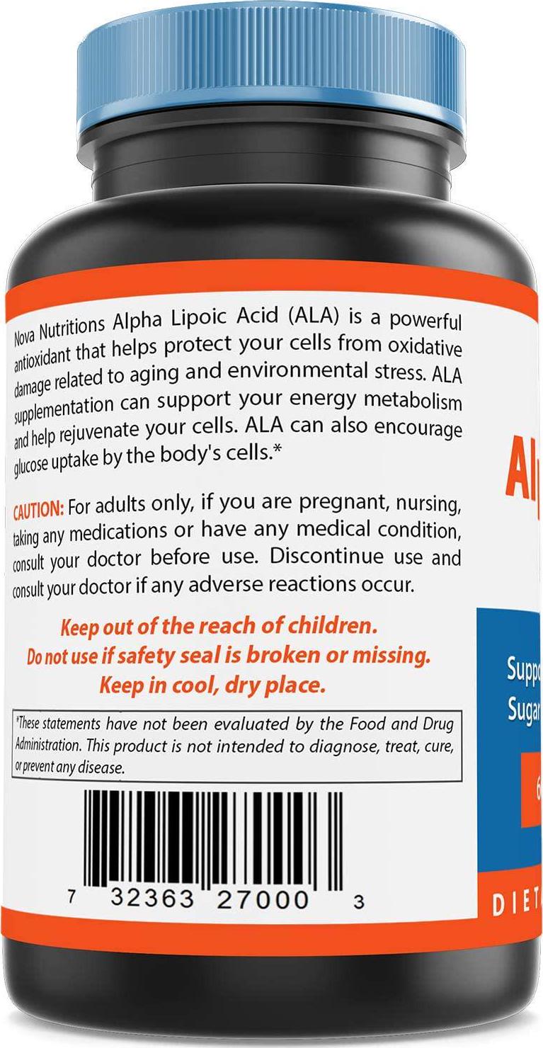 Nova Nutritions Alpha Lipoic Acid ALA 600 mg (Non-GMO) for Healthy Blood Sugar Support and Antioxidant Support, 120 Capsules