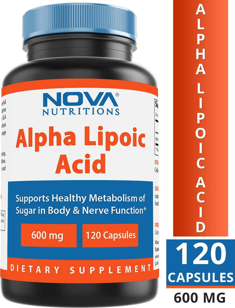 Nova Nutritions Alpha Lipoic Acid ALA 600 mg (Non-GMO) for Healthy Blood Sugar Support and Antioxidant Support, 120 Capsules