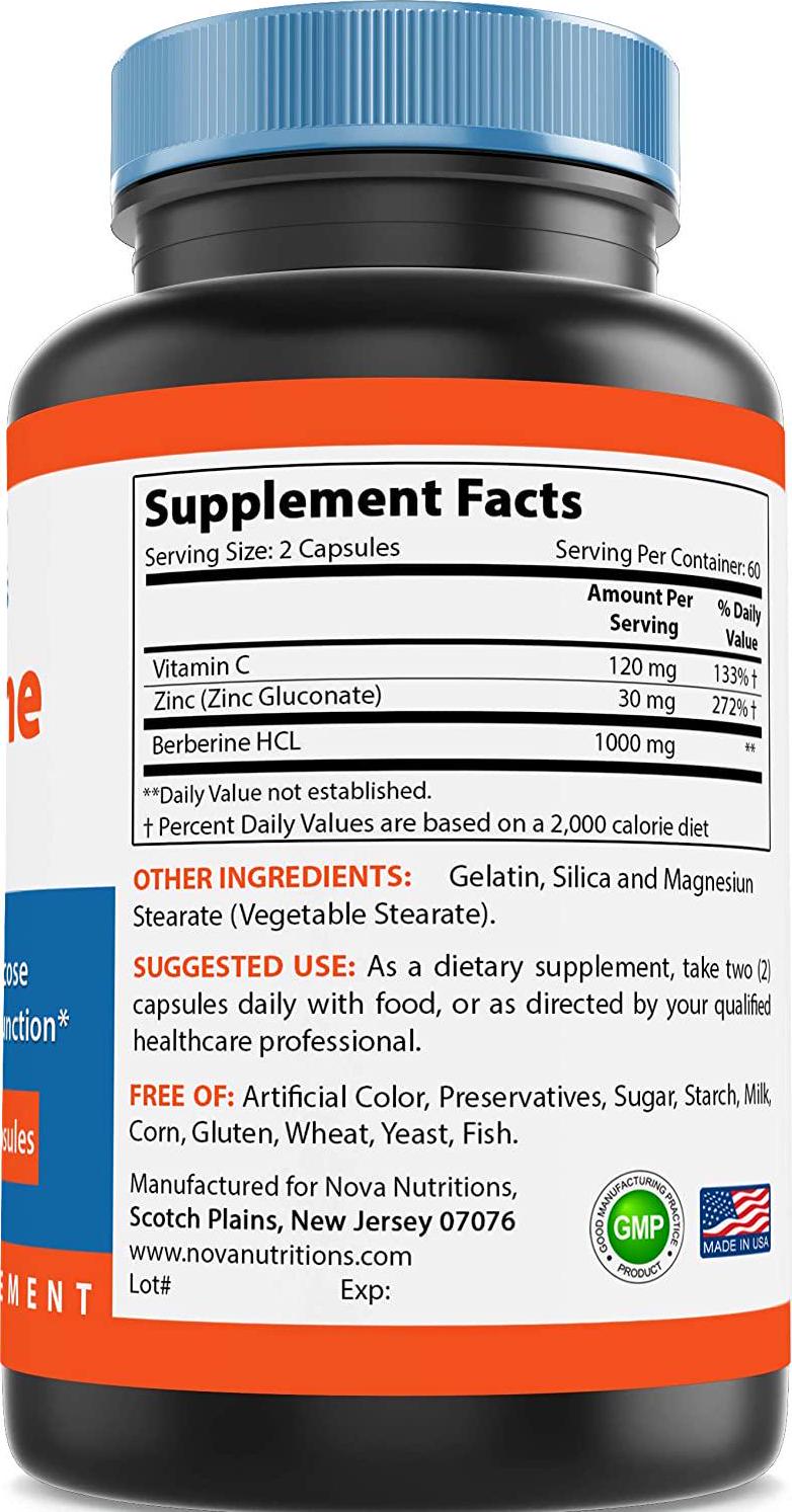 Nova Nutritions Berberine Plus 1000 mg per Serving (Non-GMO) 120 Capsules - Promotes Healthy Blood Sugar Level