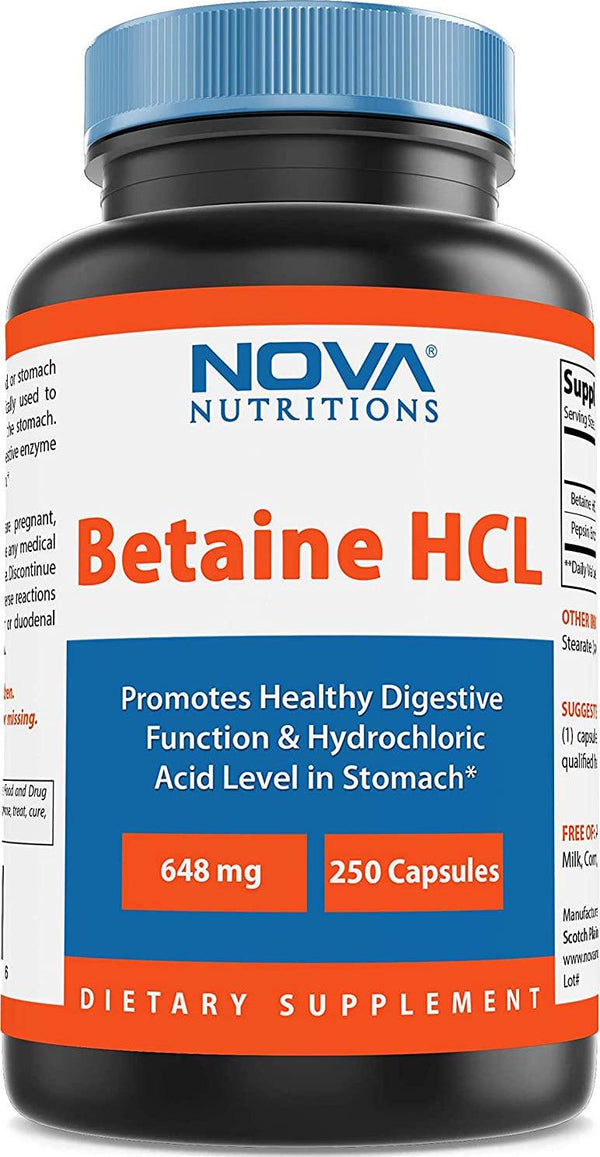 Nova Nutritions Betaine HCL with Pepsin Digestive Enzyme 648 mg 250 Capsules - Tested For Quality and Safety, Gluten Free and Non-GMO