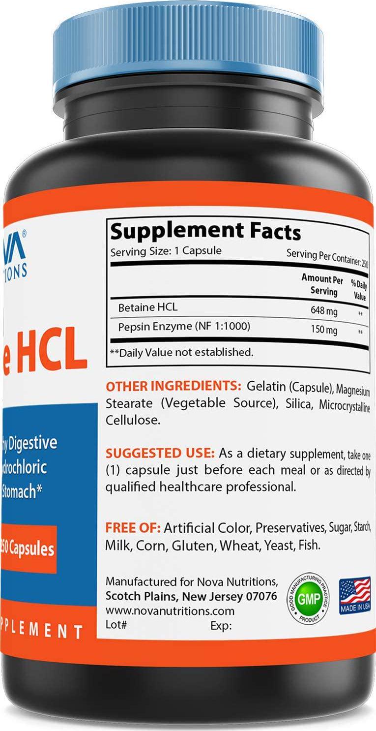 Nova Nutritions Betaine HCL with Pepsin Digestive Enzyme 648 mg 250 Capsules - Tested For Quality and Safety, Gluten Free and Non-GMO