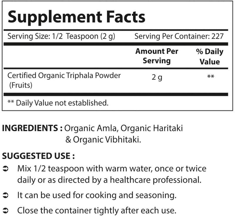 Nova Nutritions Certified Organic Triphala Powder 16 OZ (454 gm) - Supports Healthy Immune and Digestive Function.*