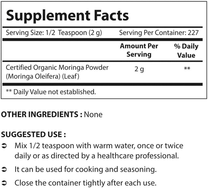 Nova Nutritions Certified Organic Moringa Oleifera Leaf Powder 16 OZ (454 gm) - Superfood Green Powder