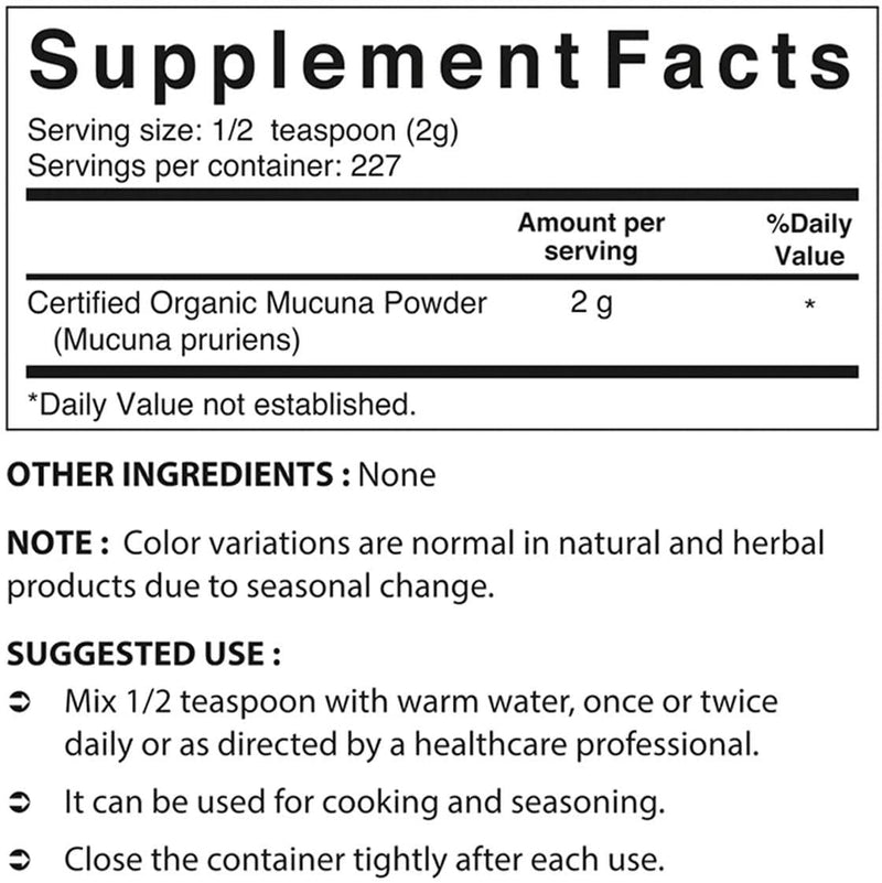 Nova Nutritions Certified Organic Mucuna Pruriens Powder 16 OZ (454 Gram)