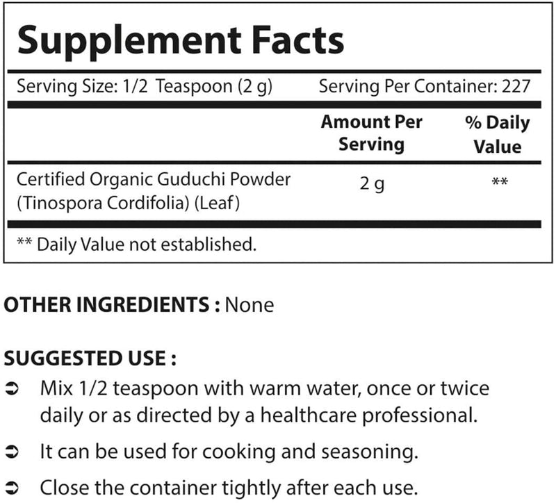 Nova Nutritions Certified Organic Guduchi Powder 16 OZ (454 gm) - Ayurvedic Herbal Immune Support