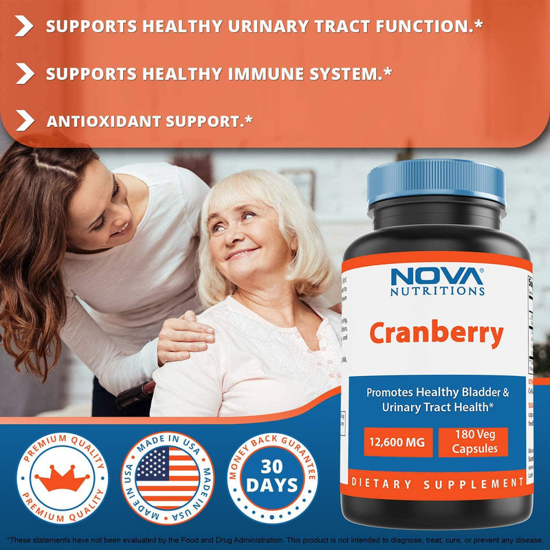 Nova Nutritions Cranberry Urinary Tract Health Dietary Supplement, 12600mg Vegetarian Craberry Pills with Vitamin C and Vitamin E, Helps Cleanse and Protect The Urinary Tract, 180 Count
