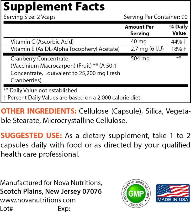 Nova Nutritions Cranberry Urinary Tract Health Dietary Supplement, 12600mg Vegetarian Craberry Pills with Vitamin C and Vitamin E, Helps Cleanse and Protect The Urinary Tract, 180 Count