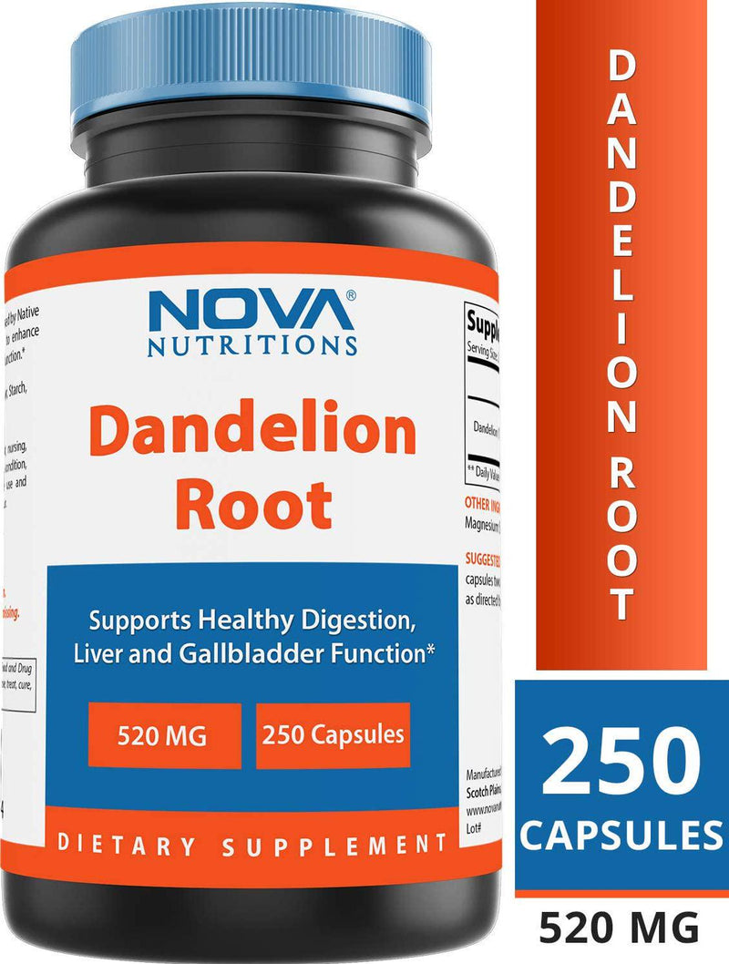 Nova Nutritions Dandelion Root Capsules 520mg, Supports Healthy Digestion, Live and Gallbladder Function, 250 Count