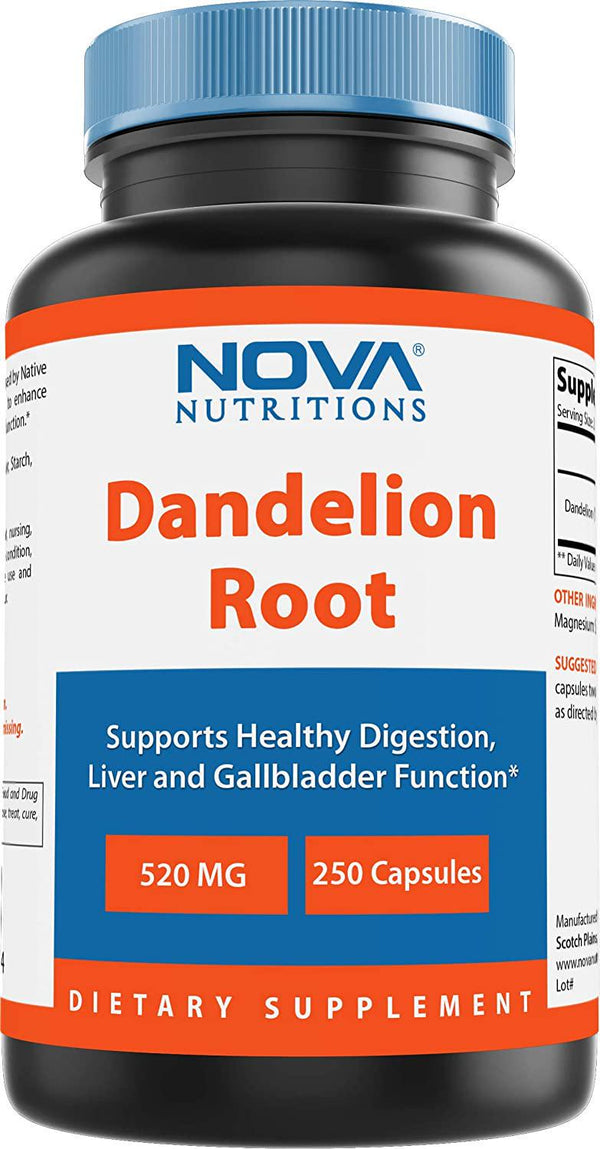 Nova Nutritions Dandelion Root Capsules 520mg, Supports Healthy Digestion, Live and Gallbladder Function, 250 Count