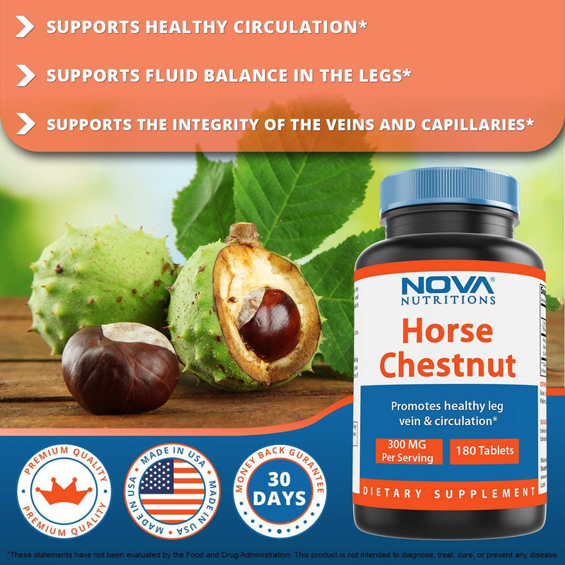 Nova Nutritions Horse Chestnut Seed Extract 300 mg (Non-GMO) Tablets Naturally Contains Aescin Which Promotes Healthy Leg Vein and Circulation 180 Count
