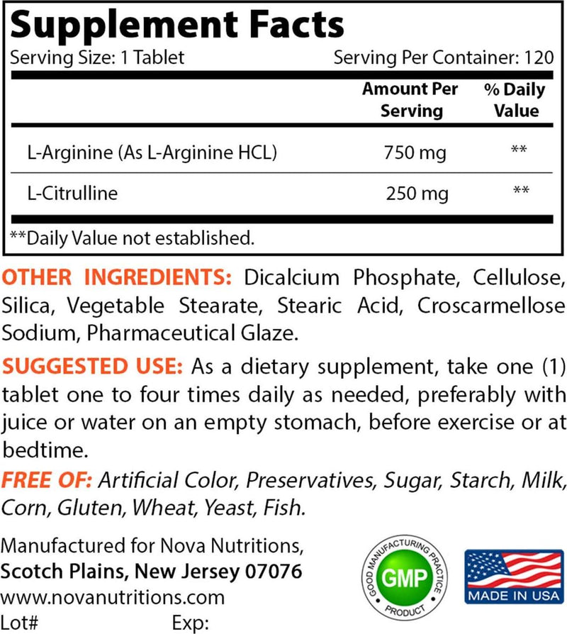 Nova Nutritions L-Arginine L-Citrulline 1000mg - Promotes Muscle Relaxation - 120 Tablets
