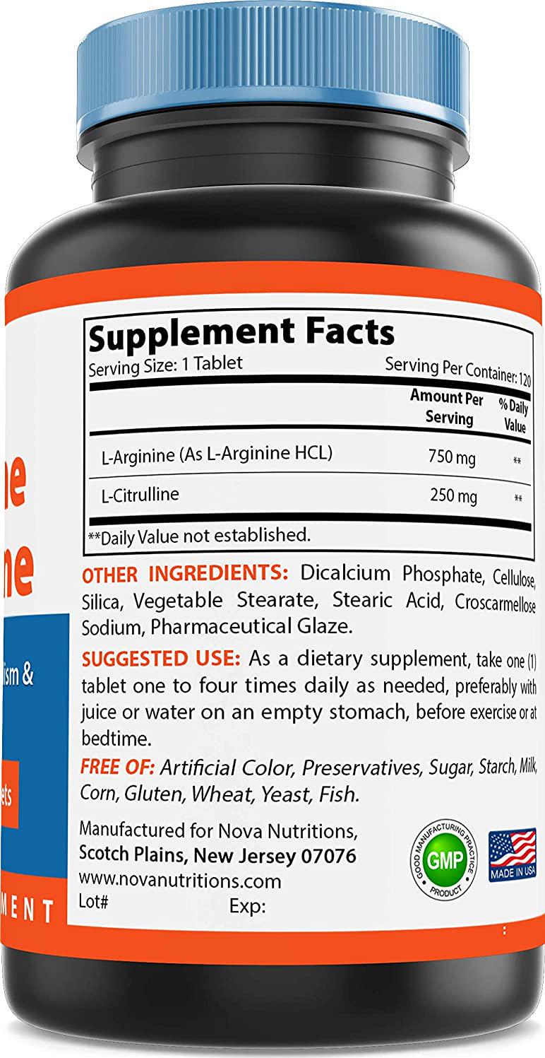 Nova Nutritions L-Arginine L-Citrulline 1000mg - Promotes Muscle Relaxation - 120 Tablets