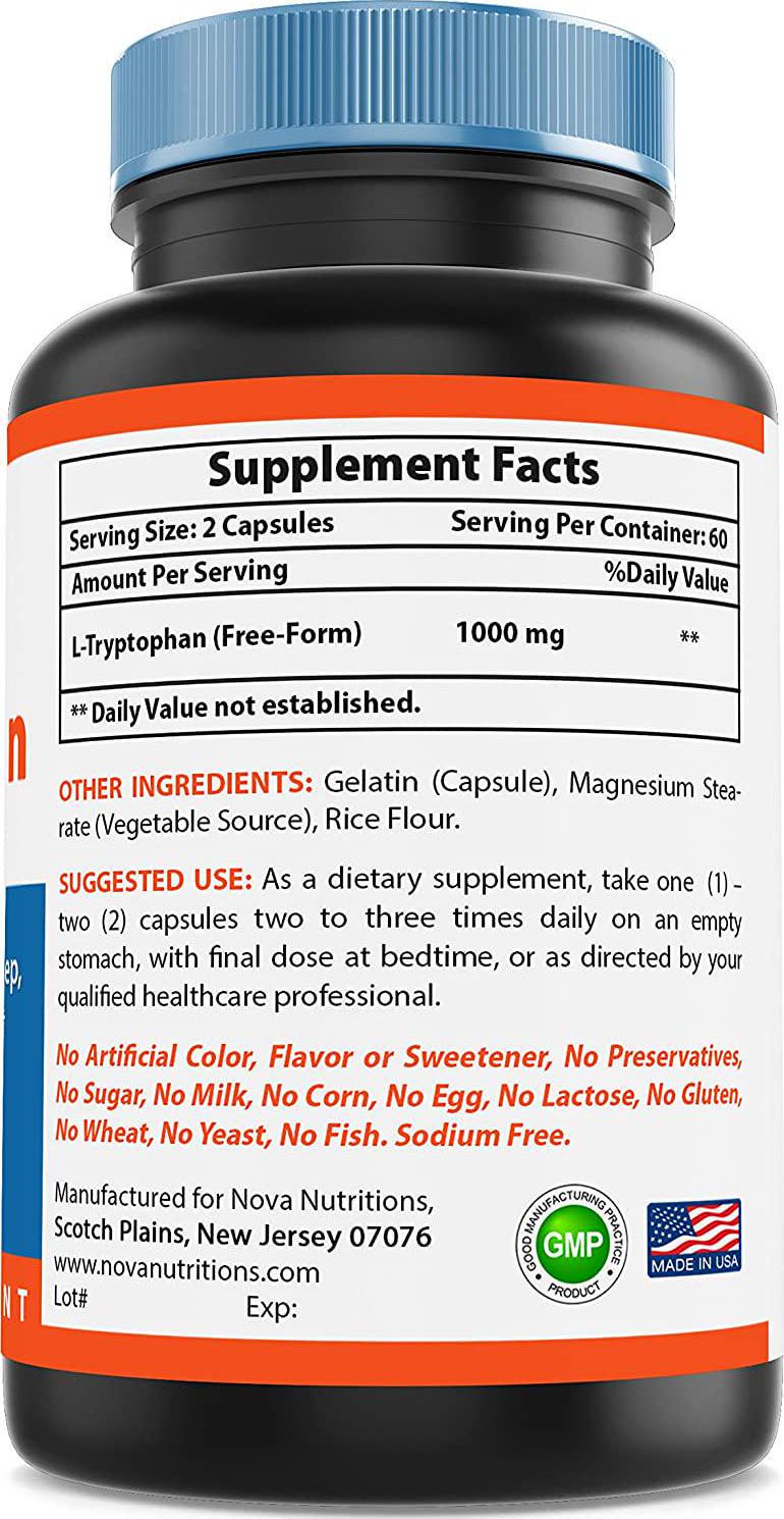 Nova Nutritions L-Tryptophan 500 mg 120 Capsules - Tryptophan Supplements for Natural Sleep Aid, Stress Relief, Circulation and Immune Support