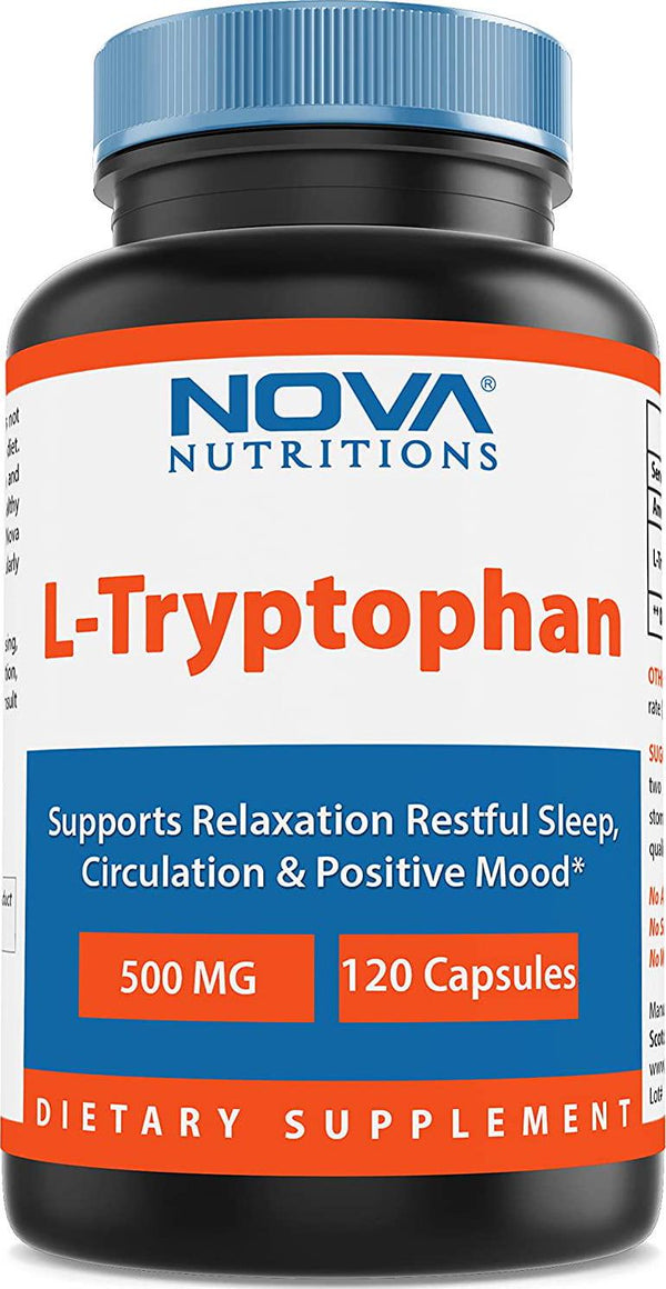 Nova Nutritions L-Tryptophan 500 mg 120 Capsules - Tryptophan Supplements for Natural Sleep Aid, Stress Relief, Circulation and Immune Support