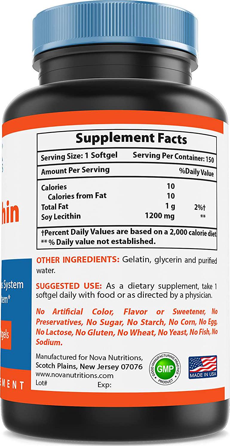 Nova Nutritions Soy Lecithin 1200mg, Non-GMO Supplement 150 Softgels