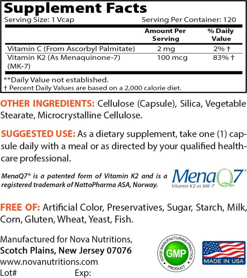 Nova Nutritions Vitamin K2 MK7 100 mcg 120 Veggie Capsules