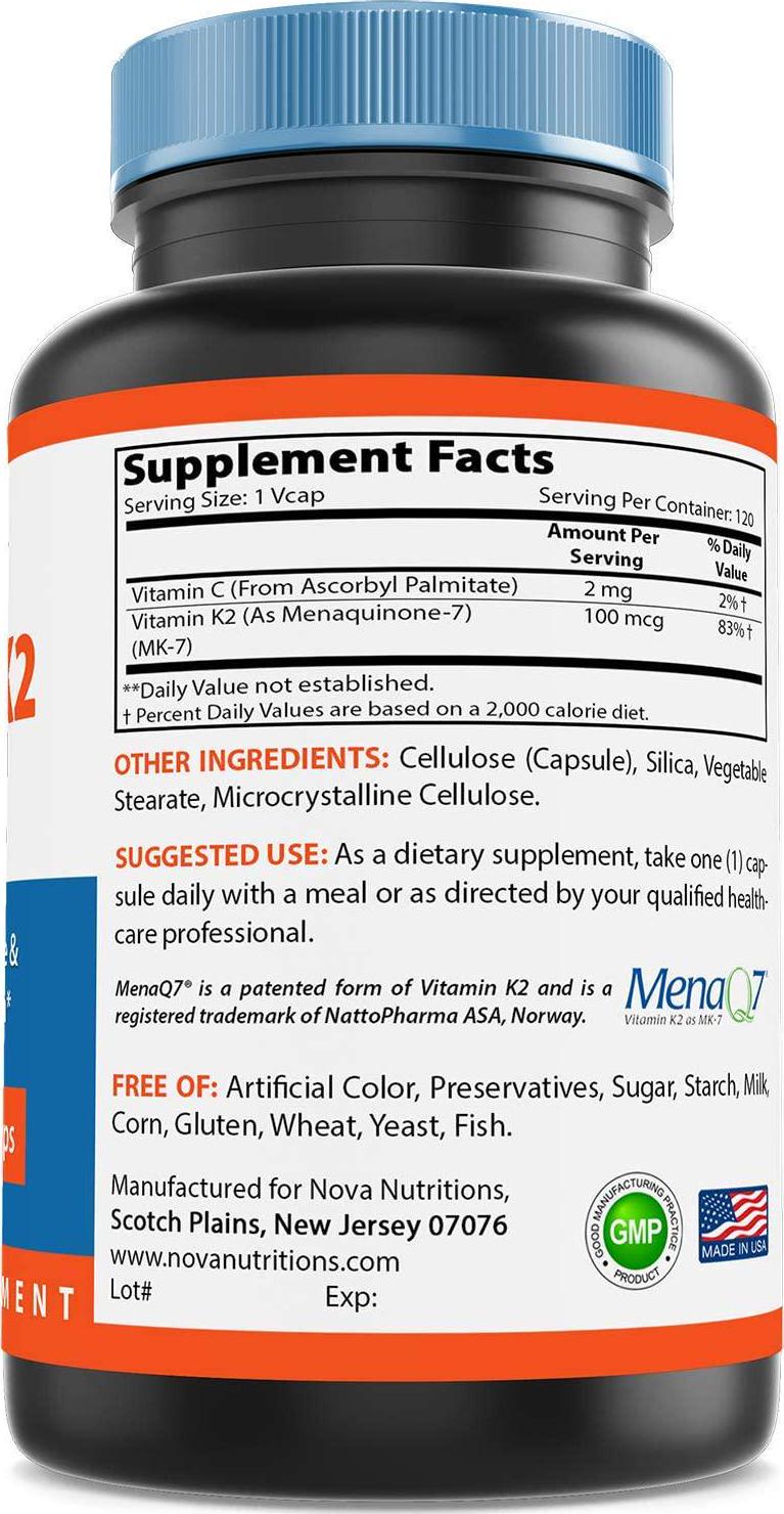Nova Nutritions Vitamin K2 MK7 100 mcg 120 Veggie Capsules