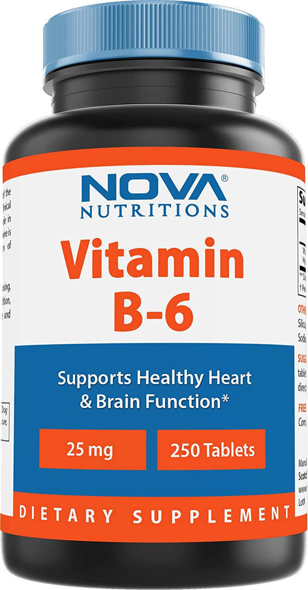 Nova Nutritions Vitamin B6 25 mg - Supports Healthy Nervous System, Metabolism and Cell Health - 250 Tablets