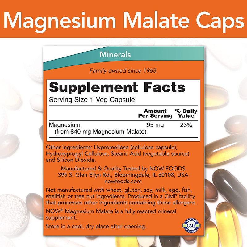 Now Foods Supplements, Magnesium Malate Caps with 95 mg of Elemental Magnesium, Nervous System Support*, 180 Veg Capsules