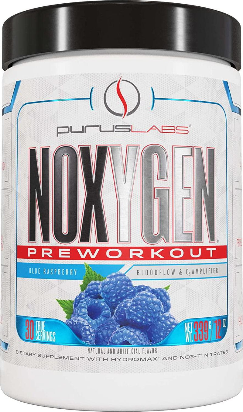Noxygen Preworkout Bloodflow and O2 Amplifier by Purus Labs | Instant Volumization and Unparalleled Pumps Plus Clean Energy Performance Focus and Hydration | 30 True Servings (Blue Raspberry)