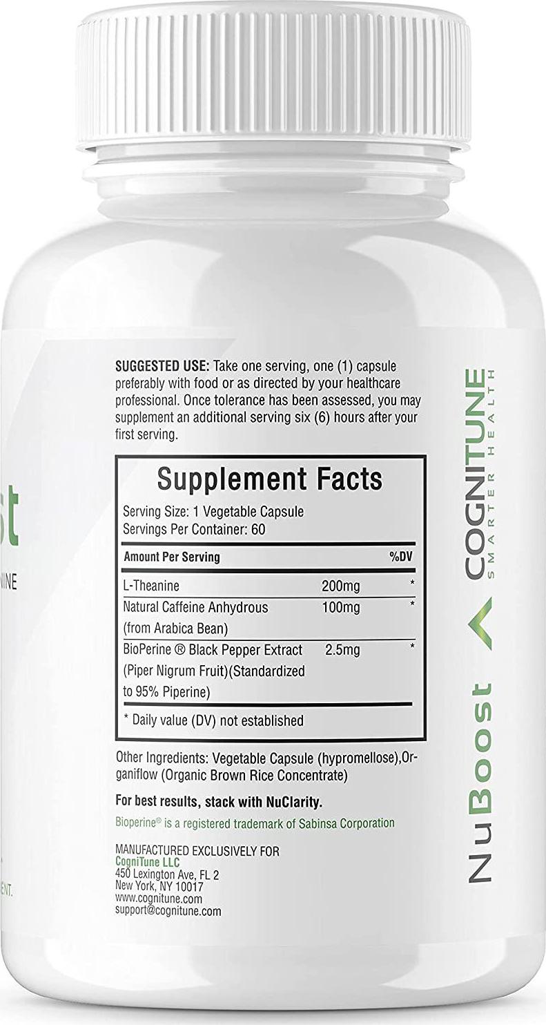 NuBoost - All Natural Caffeine Pills with L-Theanine + BioPerine - Premium Sustained Energy and Focus Supplement - Nootropic Brain Booster for Smooth Instant Energy - No Crash, No Jitters