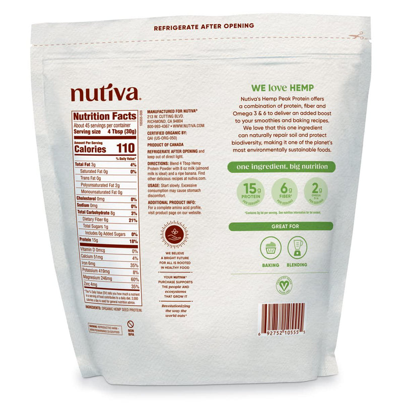 Nutiva Organic Cold-Pressed Raw Hemp Seed Protein Powder, Peak Protein, 3 Pound, USDA Organic, Non-GMO, Whole 30 Approved, Vegan, Gluten-Free and Keto, Plant Protein with Essential Amino Acids
