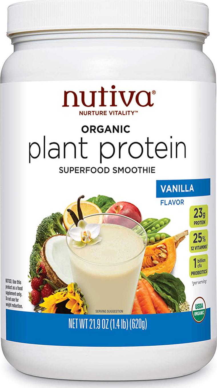 Nutiva Organic Plant Protein Smoothie, Vanilla, 1.4 Pound, USDA Organic, Non-GMO, Non-BPA, Vegan, Gluten-Free, Keto and Paleo, 23g Protein Shake and Meal Replacement