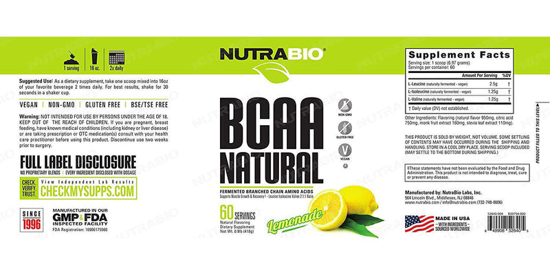 NutraBio BCAA 5000 Powder - Fermented Branched Chain Amino Acids for Muscle Growth and Recovery - Natural Flavors, Sweeteners, and Coloring, Vegan, Gluten Free - Lemonade, 60 Servings