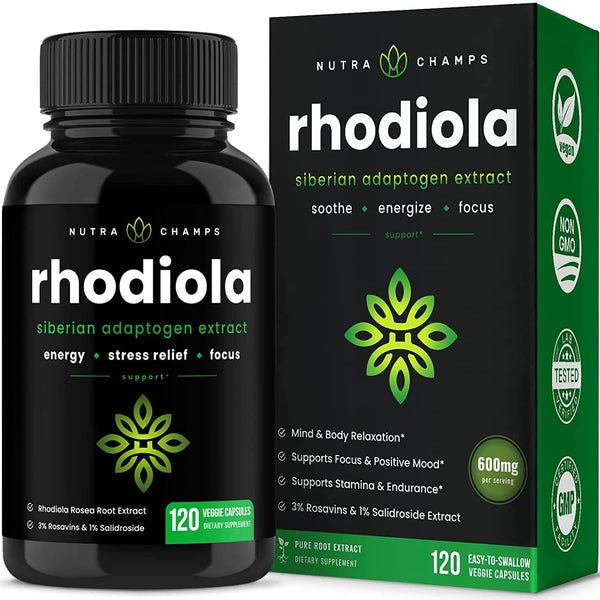 NutraChamps Rhodiola Rosea Supplement 600mg - 120 Count (Pack of 1) Capsules Siberian Root Extract 3% Rosavins and 1% Salidroside - Pure Maximum Strength Powder - 300mg Vegan Pills for Stress Relief, Mood, Focus and Energy