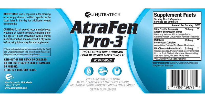 Nutratech Atrafen Pro-3 in 1 Stimulant Free Fat Burner Diet Pill Blend Provides Weight Loss and Appetite Suppression, A Daily Dose of Probiotics for Digestive Health, and an Body Detox and Cleanse.