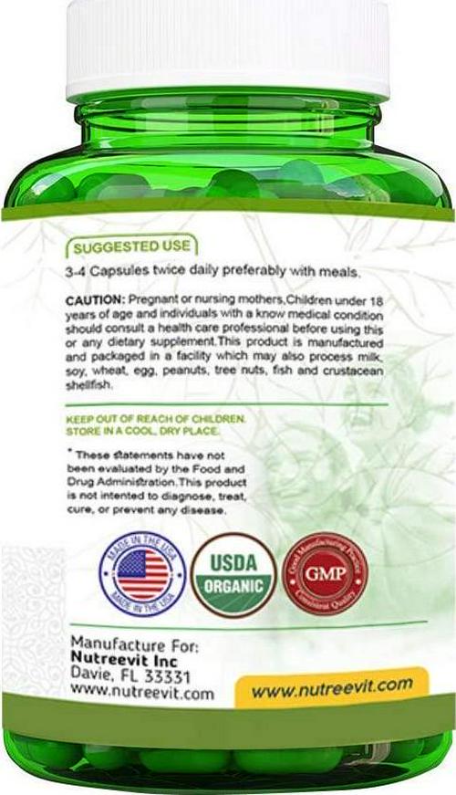 NutreeVit 100% Organic Wheatgrass Capsules - Immune Support, Anti-Inflammatory, High Fiber Capsules - Organic Vitamin C, A, and E Wheatgrass Powder with Calcium and Minerals - 200 Count Bottle