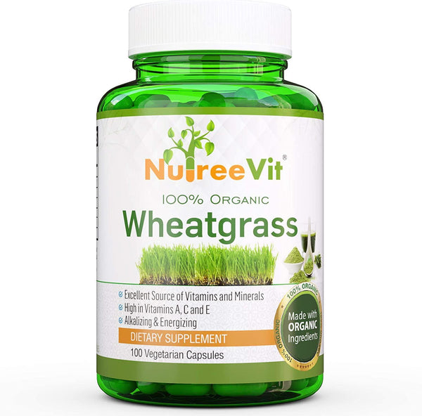 NutreeVit 100% Organic Wheatgrass Capsules - Immune Support, Anti-Inflammatory, High Fiber Capsules - Organic Vitamin C, A, and E Wheatgrass Powder with Calcium and Minerals - 200 Count Bottle