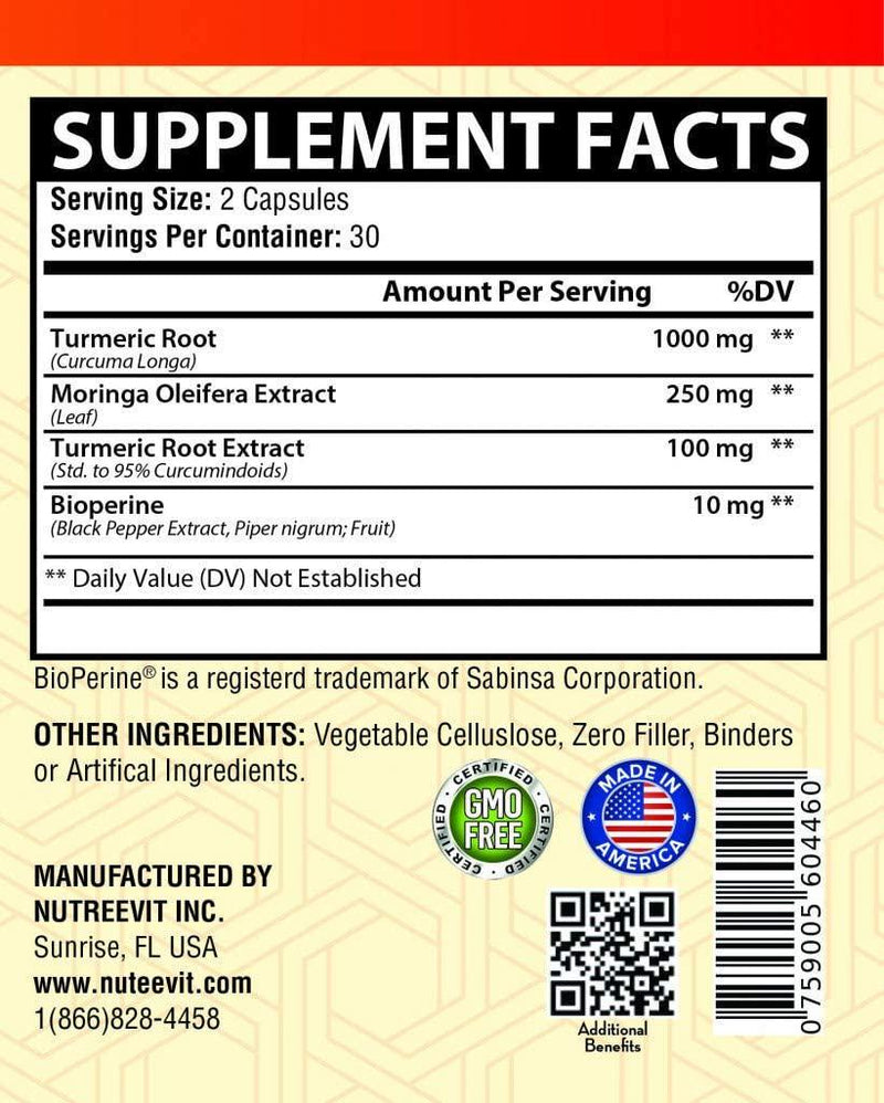 Nutreevit 100% Organic Turmeric Curcumin with Moringa Oleifera and Bioperine Supplement. Occasional Joint Pain Relief. Supports Inflammatory Response. Made in USA (200 Count)
