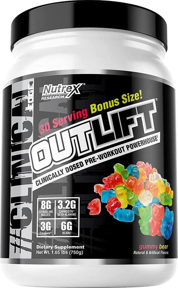 Nutrex Outlift Clinically Dosed Pre Workout Powder with Creatine, 6G BCAA, 8G Citrulline, 3.2G Beta Alanine | Energy, Performance, Pump Preworkout Supplement for Men and Women | Gummy Bear 30 Serving