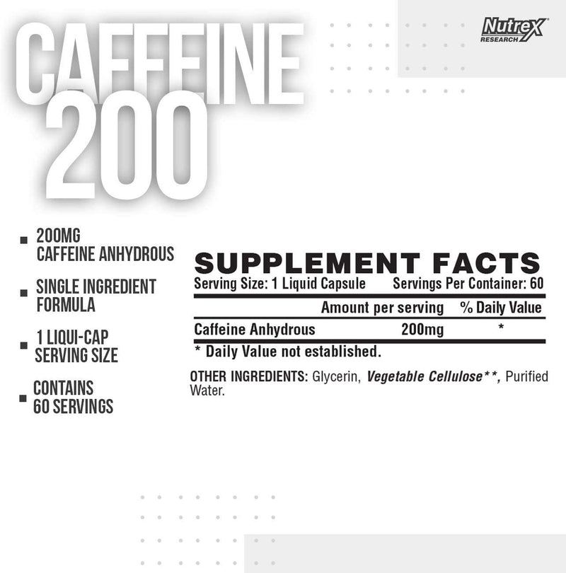 Nutrex Research Caffeine Pills 200 mg | Smooth Energy and Focus - Focused Energy for Your Mind and Body - No Crash - No Jitters | Liquid Capsules, 60Count