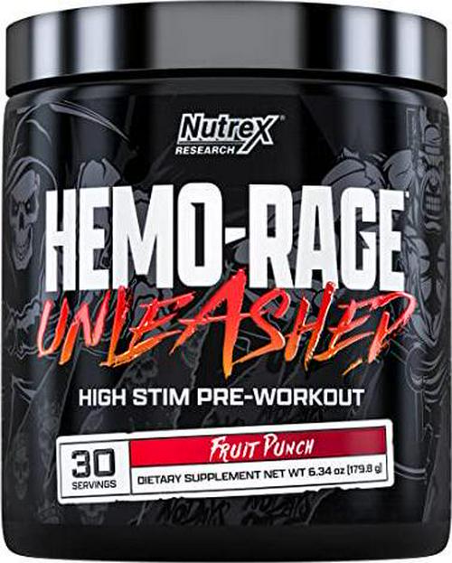 Nutrex Research Hemo-Rage Extreme High Stim Pre Workout Powder | Insane Lasting Energy, Focus, Endurance and Pump Booster Preworkout Supplement | Fruit Punch 30 Servings