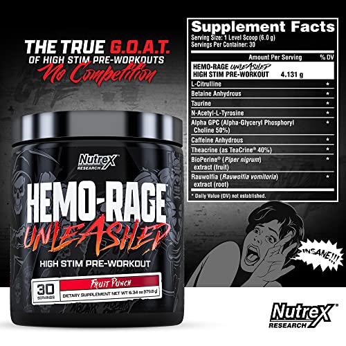 Nutrex Research Hemo-Rage Extreme High Stim Pre Workout Powder | Insane Lasting Energy, Focus, Endurance and Pump Booster Preworkout Supplement | Fruit Punch 30 Servings