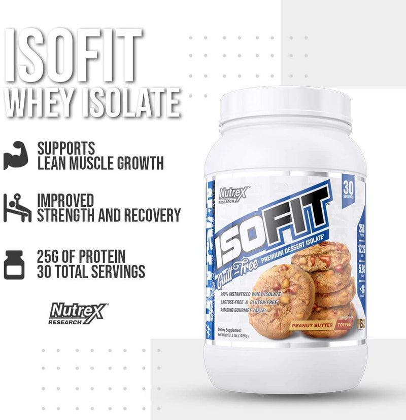 Nutrex Research IsoFit | Whey Protein Powder Instantized 100% Whey Protein Isolate | Muscle Recovery, Lactose-Free, Gluten-Free | Peanut Butter Toffee 2lbs 30 Servings