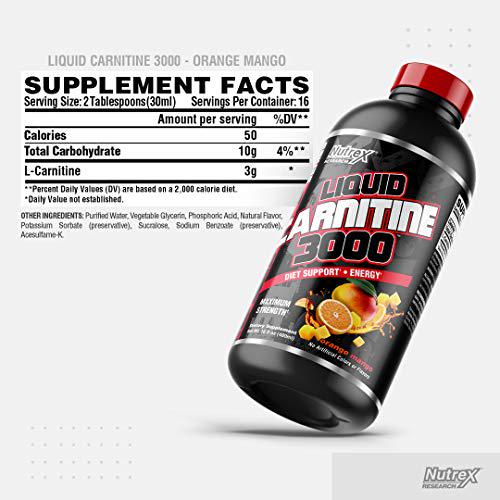 Nutrex Research Liquid Carnitine 3000 | Premium Liquid Carnitine, Fat Loss Support | Orange Mango |16 Fl Oz