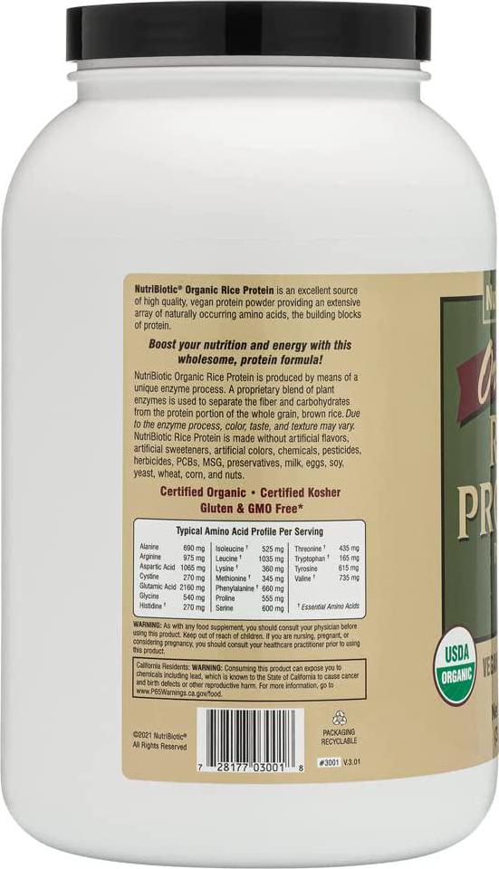 NutriBiotic Certified Organic Rice Protein Plain, 3 Pound | Low Carbohydrate Vegan Protein Powder | Raw, Certified Kosher and Keto Friendly | Made without Chemicals, GMOs and Gluten | Easy to Digest