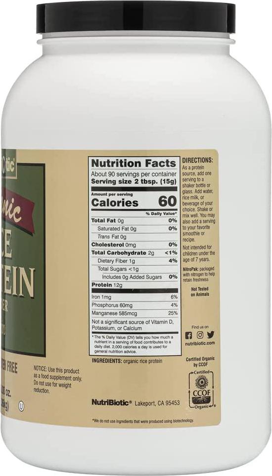 NutriBiotic Certified Organic Rice Protein Plain, 3 Pound | Low Carbohydrate Vegan Protein Powder | Raw, Certified Kosher and Keto Friendly | Made without Chemicals, GMOs and Gluten | Easy to Digest