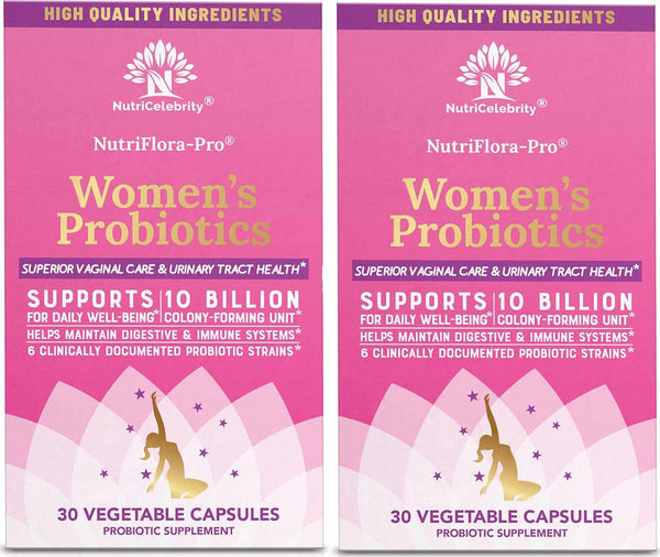 NutriCelebrity NutriFlora-Pro Probiotics for Women - Support Vaginal, Urinary Health, Immune System Digestive System Support, Cranberry Pills Supplement, 10 Billion CFU 6 Strains (30 Caps) - 2 Pack