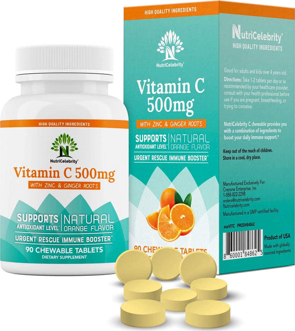 NutriCelebrity Vitamin C Chewable Tablets 500mg Supplement with Zinc and Ginger Roots, Natural Orange Flavor, Great for Adults and Kids - Vegan Friendly, Non-GMO, Gluten, Dairy and Soy Free - 90 Tablets