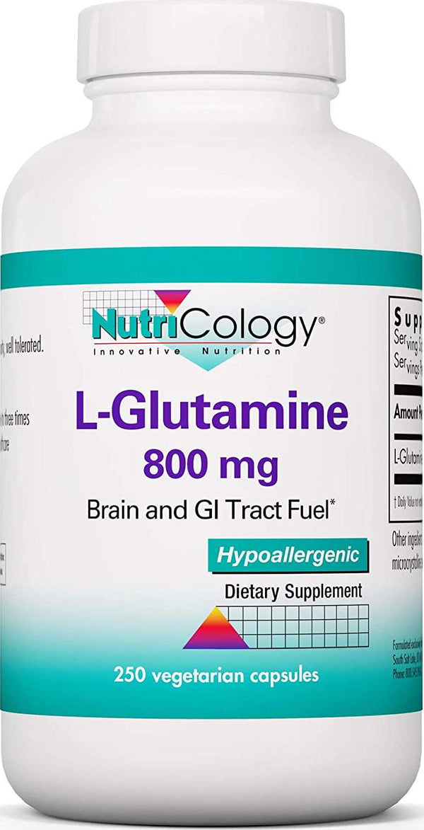 NutriCology L-Glutamine 800mg - Brain and GI Tract Fuel - Amino Acid - 250 Vegetarian Capsules