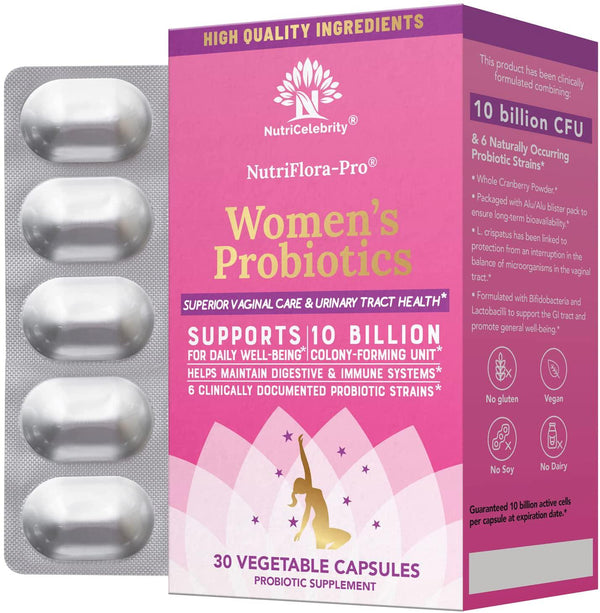 NutriFlora-Pro Probiotics for Women - Supports Vaginal and Urinary Health, Immune System and Digestive Support, Cranberry Pills Supplement, 10 Billion CFU Guaranteed, 6 Strains (30 Caps)