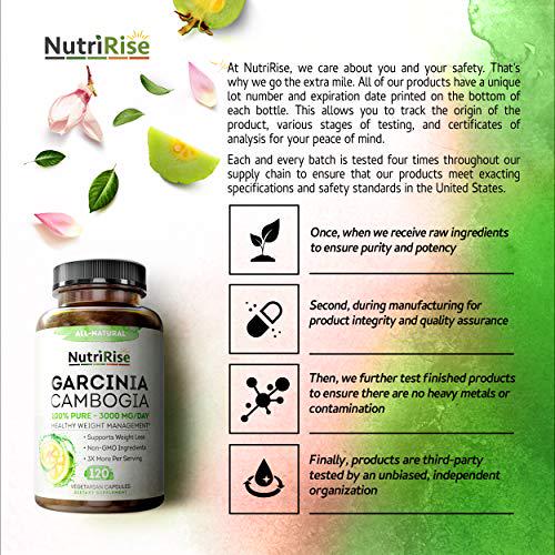 NutriRise Garcinia Cambogia 120 Capsules - Highest Potency 3000 mg Per Day: Weight Management Keto Fast Appetite Control Carb Blocker Energy Metabolism Support Gluten-Free Vegan-Friendly