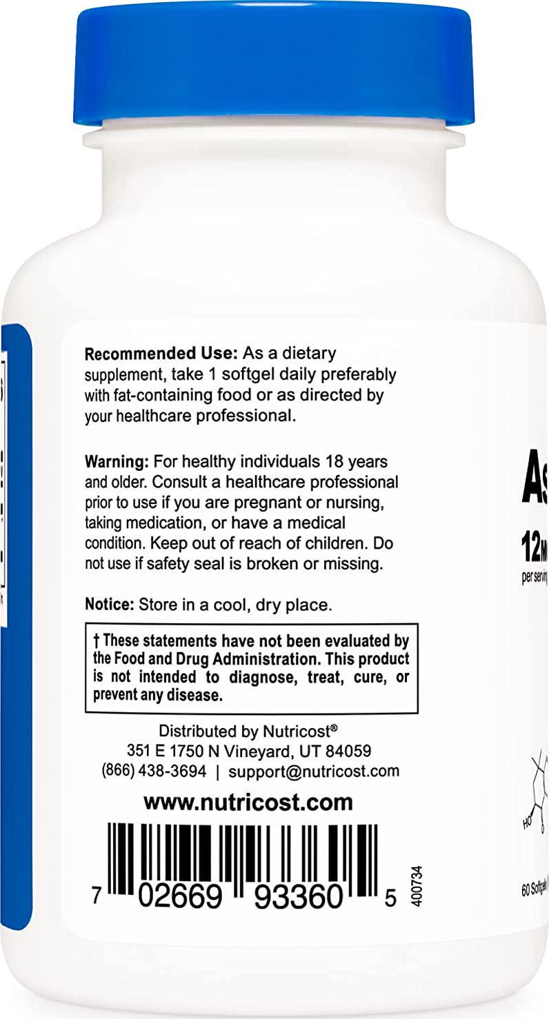 Nutricost Astaxanthin 12mg, 60 Softgel Capsules