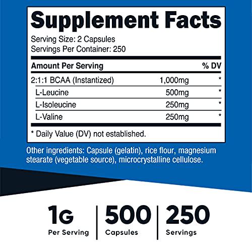 Nutricost BCAA Capsules 2:1:1 500mg, 500 Caps, 250 Servings - 500mg of L-Leucine, 250mg of L-Isoleucine and L-Valine Per Serving