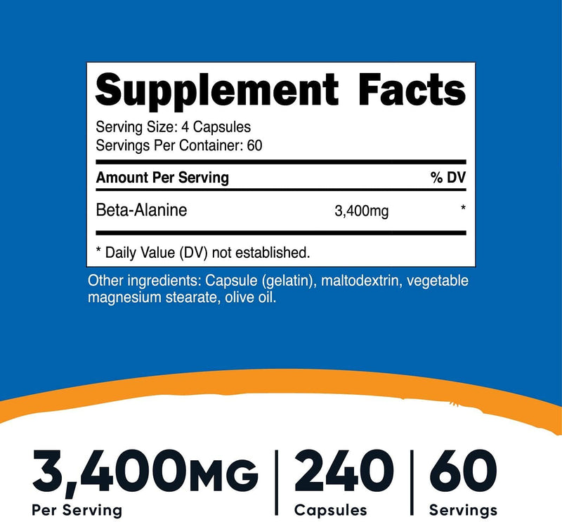 Nutricost Beta-Alanine Capsules 3400mg, 240 Capsules (60 Serv) - Potent Beta Alanine, Gluten Free and Non-GMO, 850mg Per Cap