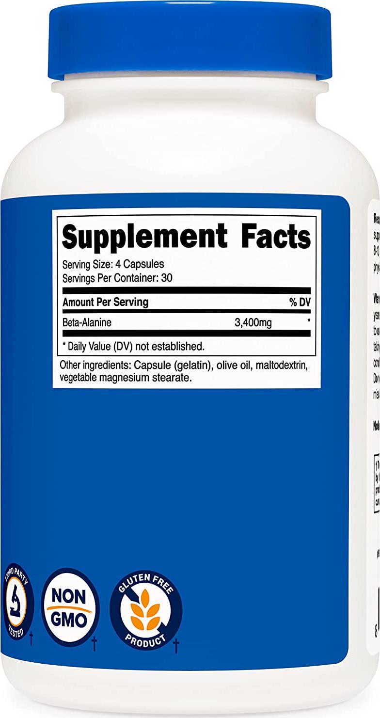 Nutricost Beta-Alanine Capsules 3400mg, 120 Caps (30 Serv) - Potent Beta Alanine, Gluten Free and Non-GMO, 850mg Per Cap